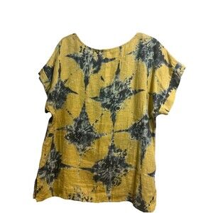 Bellambra Women's Top Made in Italy Linen Tie Dye Blouse Yellow/Blue Medium